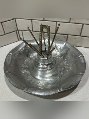 Vintage Hammered Aluminum Engraved Nut Bowl with Tools